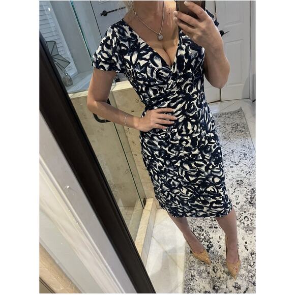 Lauren Ralph Lauren 10P Faux Wrap. Navy White Office Career Sexy Ruched Dress - Picture 2 of 10